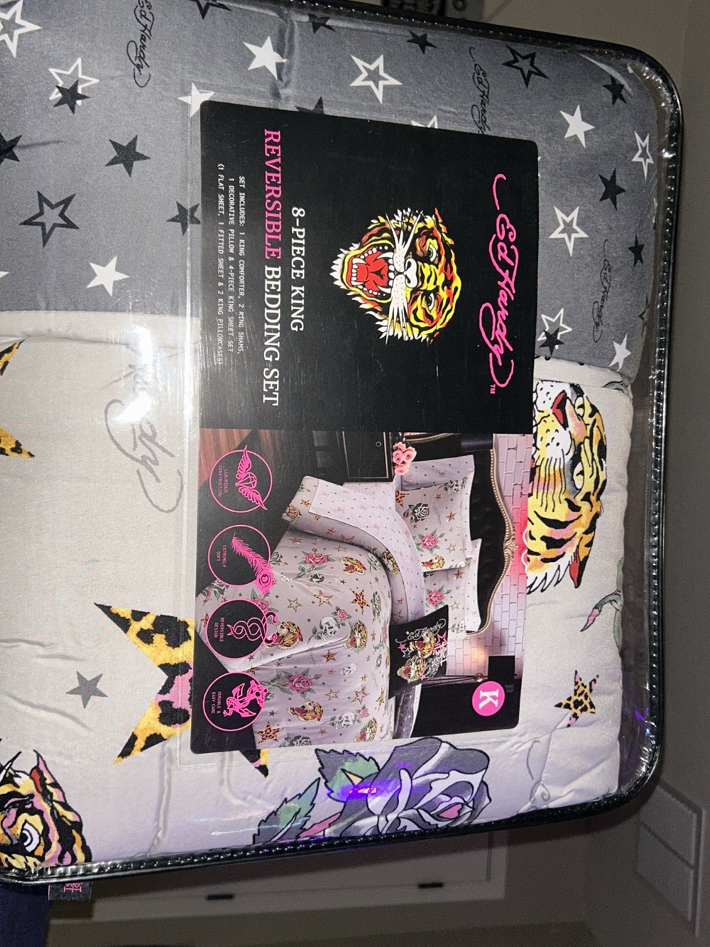 Ed Hardy King Comforter Set in Gray, White, Yellow and Purple